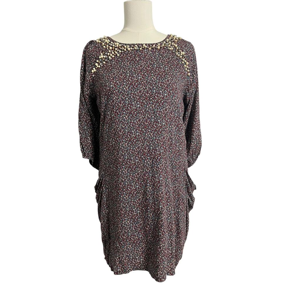 Womens M Printed Shift Dress Burgundy Teal Pearl Embellished Pocket Tunic Dress